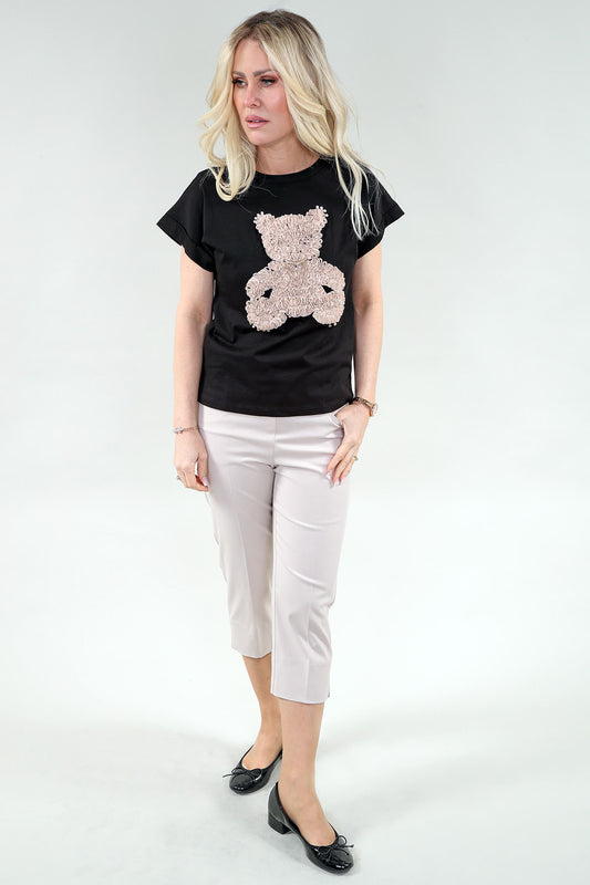 Black women’s t-shirt with teddy bear graphic and relaxed short sleeves