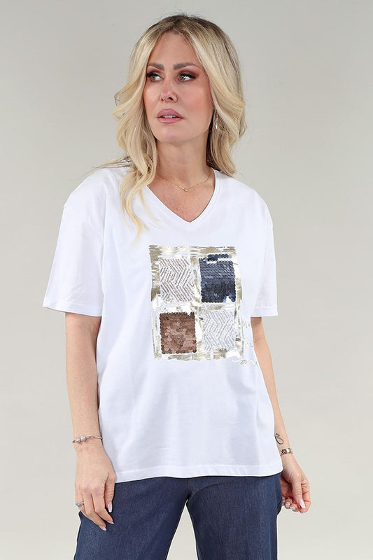 White women’s t-shirt with modern mosaic geometric square print on front