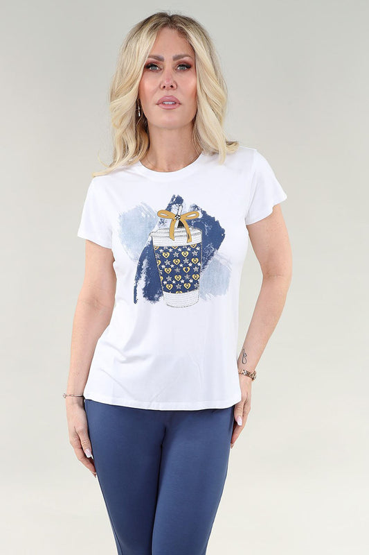 Women’s white graphic T-shirt with elegant coffee mug café print